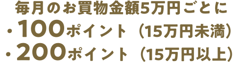 毎月のお買物金額5万円ごとにポイント付与。15万円未満100ポイント、15万円以上200ポイント