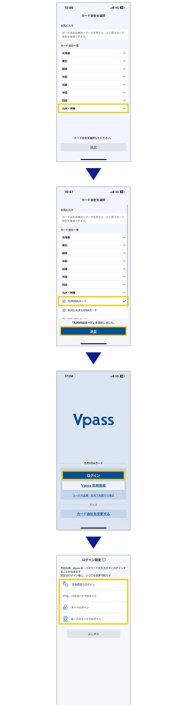 「Vpassアプリのログイン方法」カード会社を選択